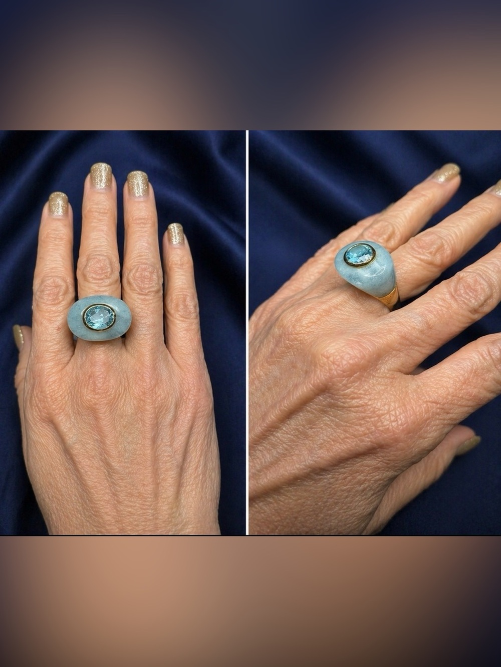 Ring Blue Amazonite Cabochon Blue Topaz Gold Vermeil Sterling Silver - Picture 10 of 10